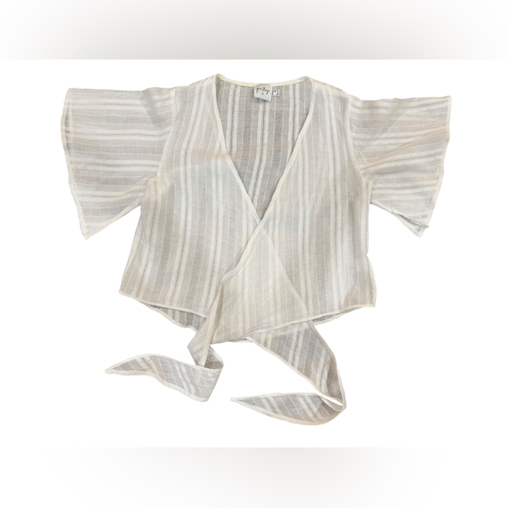 Polly White Grey Striped Wrap Top Short Flutter Sleeve V-Neck Cropped Blouse 6